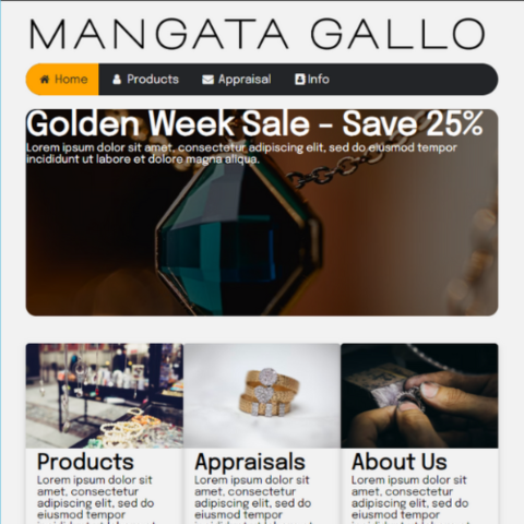 a black and white jewelry webpage for Mangata & Gallo