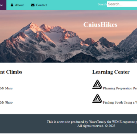 a hiking website for CaiusHikes with a mountain in the hero section